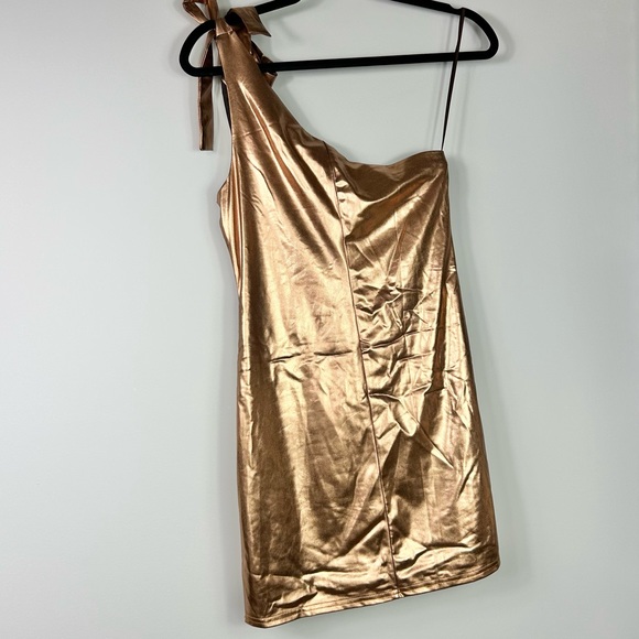 NWT Wild Honey Bronze Gold One Shoulder Mini Dress - Picture 3 of 7
